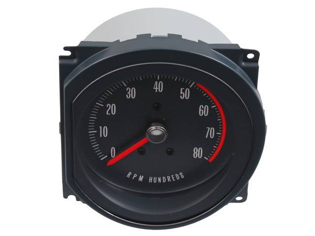 TACHOMETER, Metal, 8000 RPM range w/ 5200 RPM redline, Clock Replacement, ** Tach takes the place of the clock or clock delete plate for cars that never had rally gauges or tach **, Will work w/ points and factory HEI distributor but not MSD or aftermarke