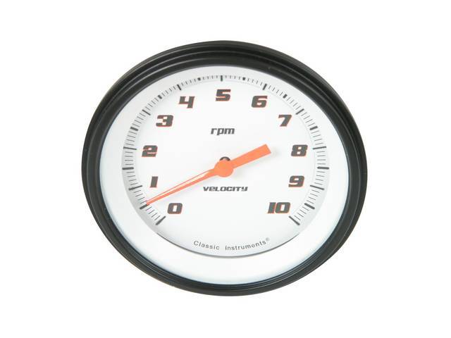 Gauge, Tachometer, Classic Instruments, Velocity White Series (gauge has orange pointer w/ black markings on a white face), 3 3/8 inch diameter, 0-10000 RPM reading