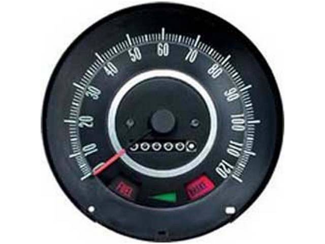 HEAD ASSY, Speedometer, 120 MPH w/o speed warning, Incl LH turn signal indicator, *Fuel* and *Brake* warning lights, OER Repro