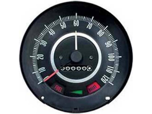 HEAD ASSY, Speedometer, 120 MPH w/ speed warning, Incl LH turn signal indicator, *Fuel* and *Brake* warning lights, OER Repro
