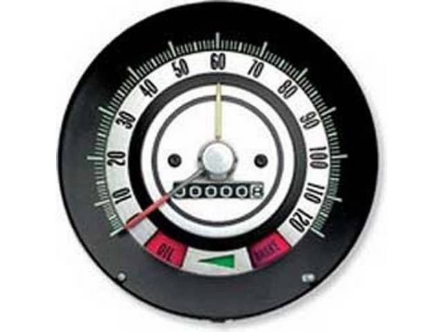 HEAD ASSY, Speedometer, 120 MPH w/ speed warning, Incl LH turn signal indicator, *Oil* and *Brake* warning lights, OER Repro