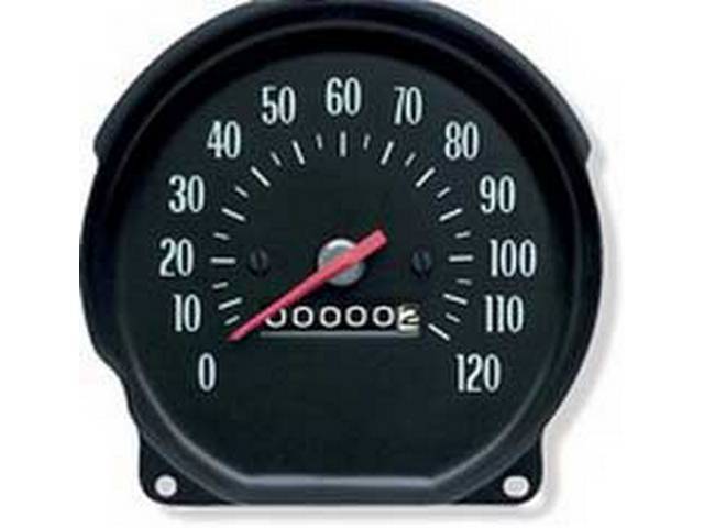 HEAD ASSY, Speedometer, 120 MPH w/ 3 hole style dash, features green markings, OER repro