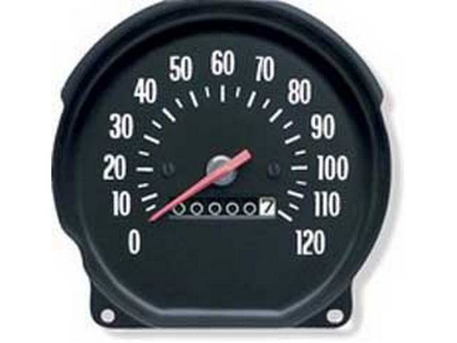 HEAD ASSY, Speedometer, 120 MPH w/ 3 hole style dash, features white markings, OER repro