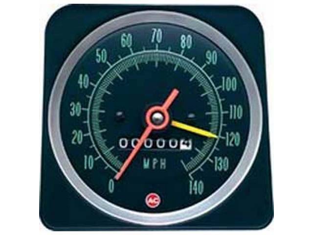 HEAD ASSY, Speedometer, 140 MPH w/ speed warning, Incl *AC* logo, OER Repro