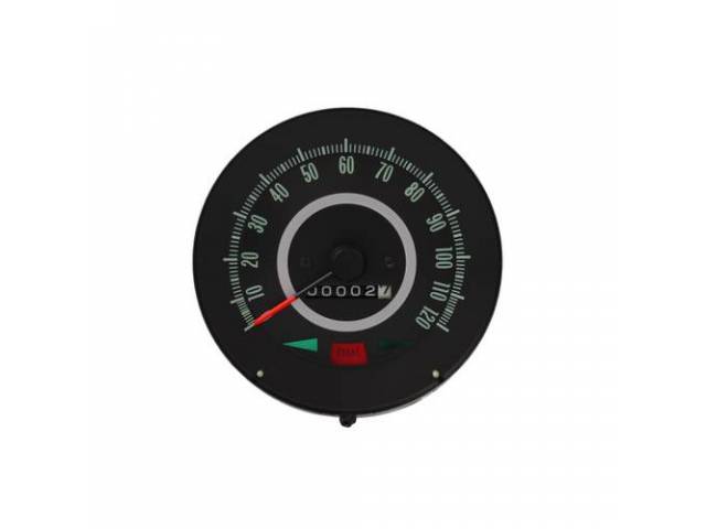 HEAD ASSY, Speedometer, 120 MPH w/ gauge package, Incl LH / RH turn signal indicators and *Brake* Warning Light, OER Repro