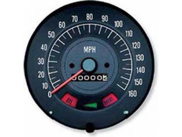 HEAD ASSY, Speedometer, 160 MPH w/o gauge package, Incl LH turn signal indicator, *Oil* and *Brake* warning lights, OER Repro