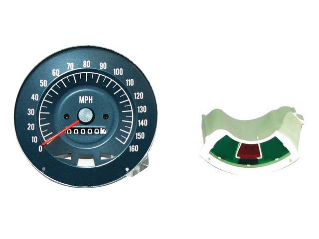 HEAD ASSY, Speedometer, 160 MPH w/ gauge package, Incl LH / RH turn signal indicators and *Brake* warning light, OER Repro
