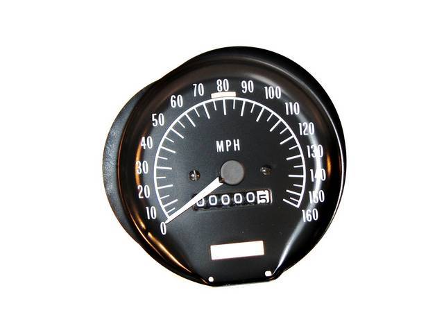 HEAD ASSY, Speedometer, 160 MPH w/o seat belt warning light, Incl high beam indicator and *Brake* warning light, white markings and pointer, OER Repro