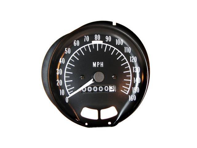 HEAD ASSY, Speedometer, 160 MPH w/ seat belt warning light, Incl high beam indicator, seat belt and *Brake* warning lights, white markings and pointer, OER Repro