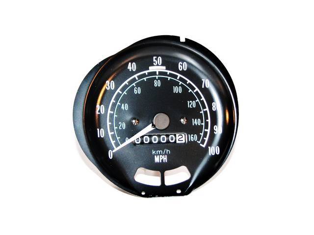 HEAD ASSY, Speedometer, 100 MPH w/ aqua colored Km/h markings (some models originally had red Kh/m markings), incl high beam indicator, *fasten seat belts* and *brake* warning lights, white markings and pointer, OER Repro