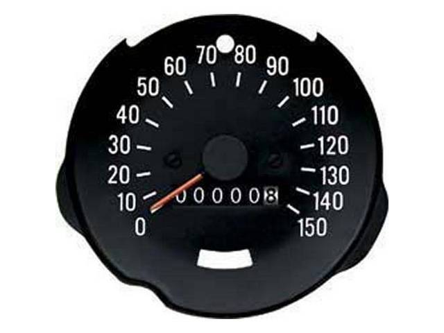 HEAD ASSY, Speedometer, 150 MPH, incl holes for high beam indicator and brake warning light, OER repro