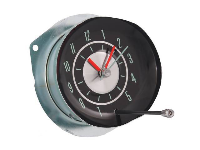 CLOCK, In-Dash, black face w/ green markings, quartz movement for accuracy, designed for use w/ factory wiring harness, repro