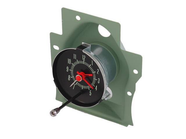 CLOCK, In-Dash, black face w/ green markings and orange hour / minute hands, quartz movement for accuracy, designed for use w/ factory wiring harness, repro