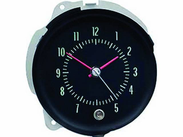 CLOCK, In-Dash, black face w/ green markings, quartz movement for accuracy, designed for use w/ factory wiring harness, repro