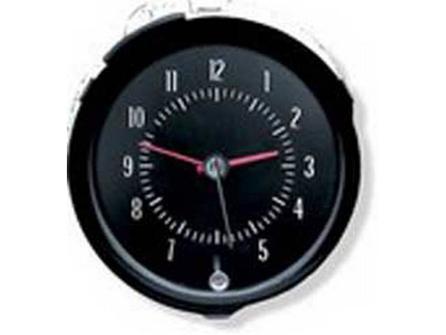 CLOCK, In-Dash, black face w/ white markings, quartz movement for accuracy, designed for use w/ factory wiring harness, repro