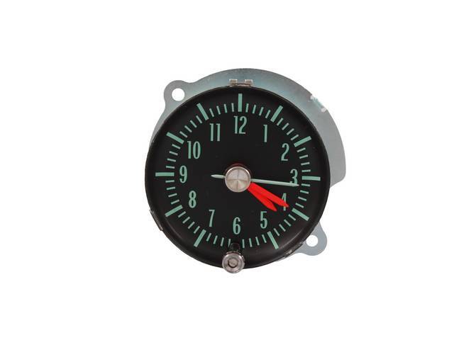 CLOCK, Console, black face w/ white markings, quartz movement for accuracy, designed for use w/ factory wiring harness, repro