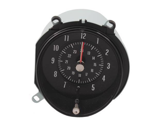 In-Dash Clock, Black Face W/ White Markings, Quartz Movement, designed for use w/ factory wiring harness, repro for (69-72)