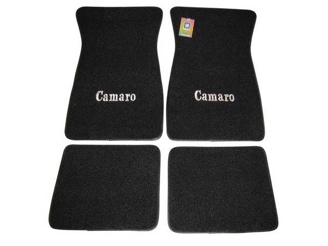 Floor Mats, Carpet, Raylon (Loop Style), Black W/ *Camaro* In Silver Lettering, (4)