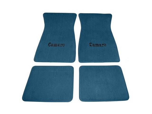 Carpet Floor Mats, Raylon Loop, 4-piece, Medium Blue w/ *Camaro* in black lettering