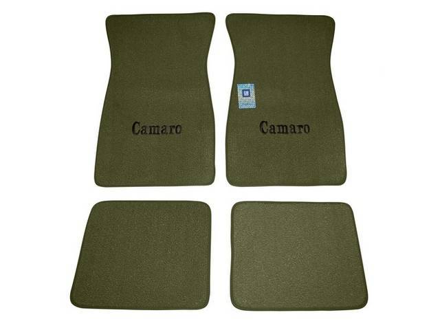 FLOOR MATS, Carpet, Raylon (Loop Style), Medium Green w/ *Camaro* in black lettering, (4)