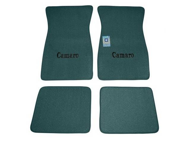 FLOOR MATS, Carpet, Raylon (Loop Style), Turquoise w/ *Camaro* in black lettering, (4)