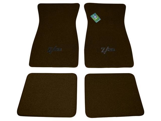 FLOOR MATS, Carpet, Raylon (Loop Style), Dark Saddle w/ *Z/28* in black lettering, (4)