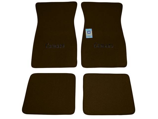 FLOOR MATS, Carpet, Raylon (Loop Style), Dark Saddle w/ *Camaro* in black lettering, (4)
