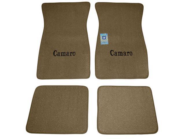 FLOOR MATS, Carpet, Raylon (Loop Style), Saddle w/ *Camaro* in black lettering, (4)