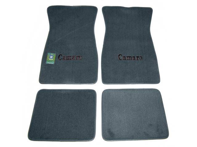 FLOOR MATS, Carpet, Cut Pile, Medium Blue w/ *Camaro* in black lettering, (4)