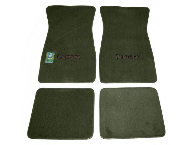 FLOOR MATS, Carpet, Cut Pile, Dark Green w/ *Camaro* in black lettering, (4)