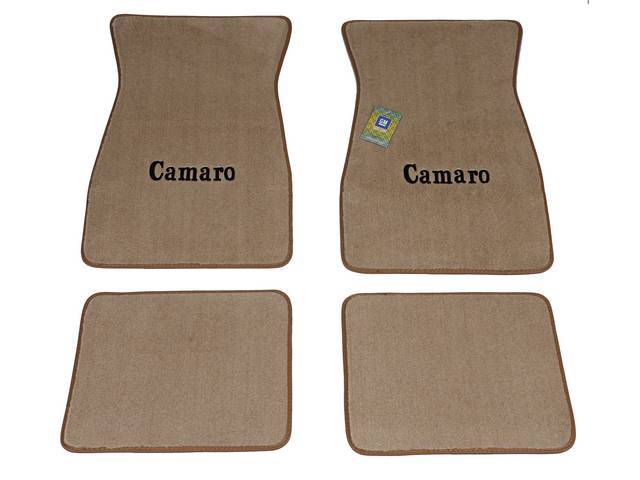 FLOOR MATS, Carpet, Cut Pile, Light Sandstone / Beige w/ *Camaro* in black lettering, (4)
