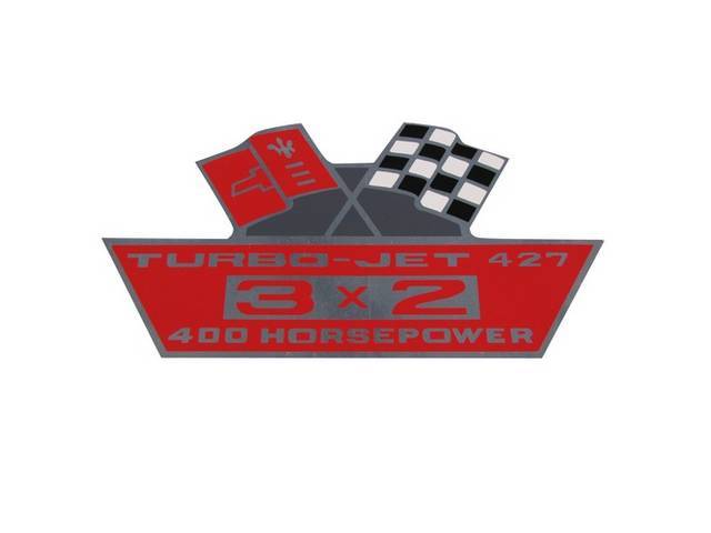 DECAL, Air Cleaner, Cross Flags design (one red flag and one checkered flag) w/ *TURBO-JET 427*, *3 X 2* and *400 HORSEPOWER* designations on a red background, repro
