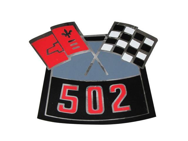DECAL, Air Cleaner, Cross Flags design (one red flag and one checkered flag) w/ *502* designation in red, repro