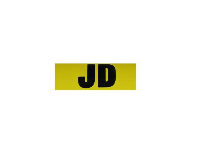 DECAL, Engine Code, Yellow w/ *JD* in Black Lettering, Usually Installs on RH Valve Cover Rear, Repro