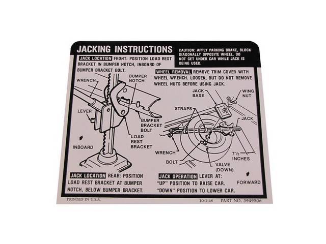 DECAL, Jack Instructions, GM p/n 3949506, repro