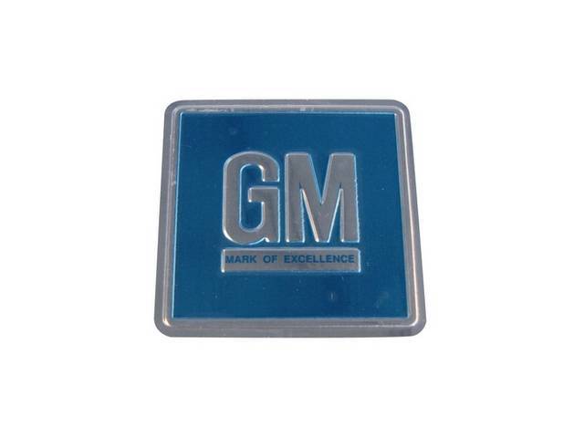 PLATE, GM Mark of Excellence, metal, aqua w/ natural silver border and *GM* lettering, aqua *MARK OF EXCELLENCE* lettering, repro