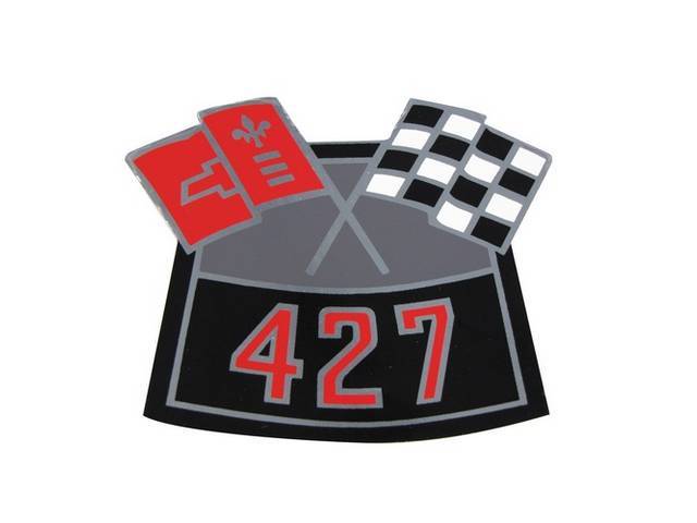 DECAL, Air Cleaner, Cross Flags design (one red flag and one checkered flag) w/ *427* designation in red, GM p/n 3902414, repro