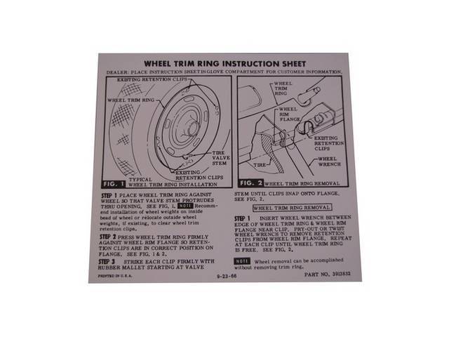 INSTRUCTION, Rally Wheel Trim Ring, GM p/n 3913832, repro
