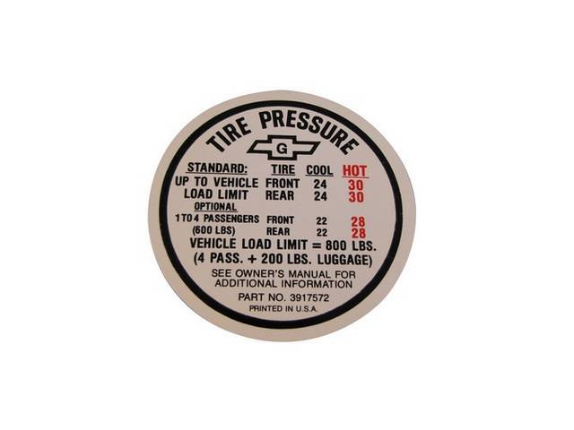 DECAL, TIRE PRESSURE, (G 3917572)