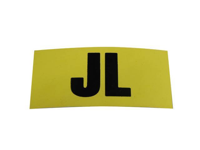 DECAL, Engine Code, Yellow w/ *JL* in Black Lettering, Usually Installs on RH Valve Cover Rear, Repro