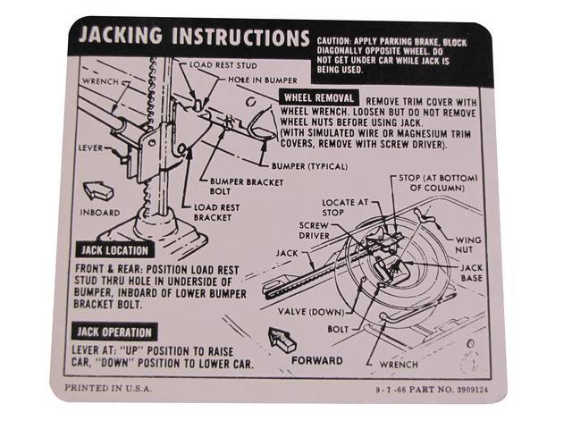 DECAL, Jack Instructions, GM p/n 3909124, repro