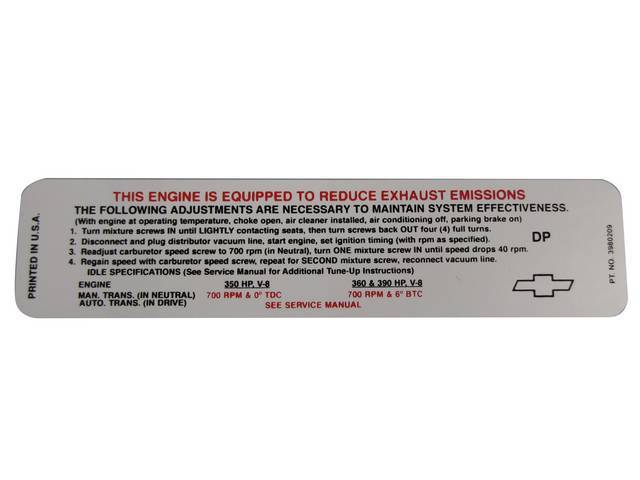 DECAL, Emission, GM P/N DP 3980209, Repro