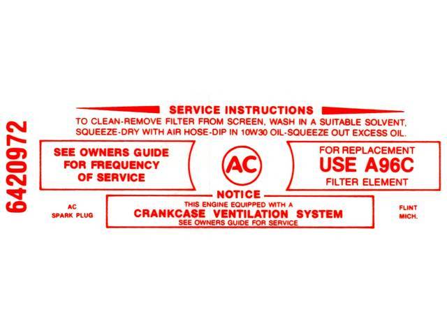 DECAL, Air Cleaner, red, *A96C* and *6420972*, repro