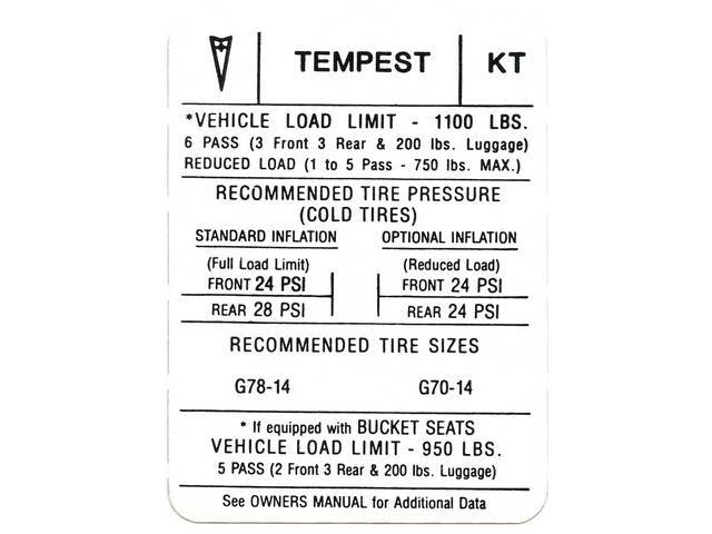 DECAL, Tire Pressure, *KT*, repro