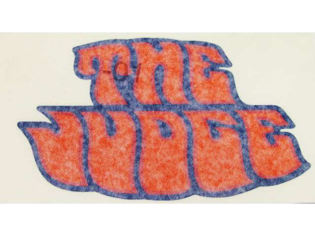 DECAL, Deck Lid / Trunk Lid, *THE JUDGE*, Blue / Pink / Orange, located in lower right hand corner, repro  ** Replaces original GM p/n 480290 **