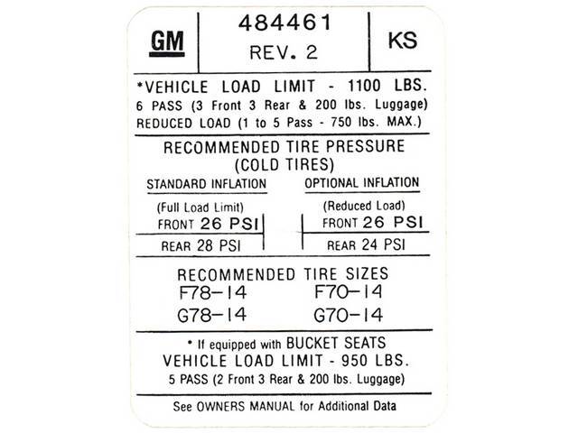 DECAL, Tire Pressure, *KS* and *484461*, repro