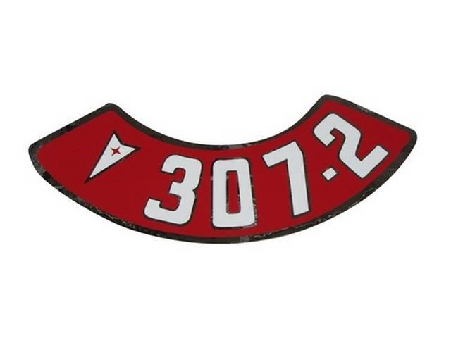 DECAL, Air Cleaner, Aftermarket, rounded red background, *307-2* in white w/ Pontiac *Arrowhead*, repro