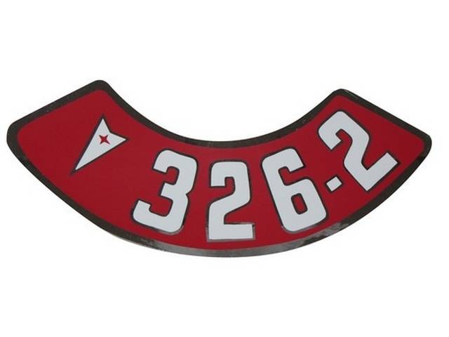 DECAL, Air Cleaner, Aftermarket, rounded red background, *326-2* in white w/ Pontiac *Arrowhead*, repro