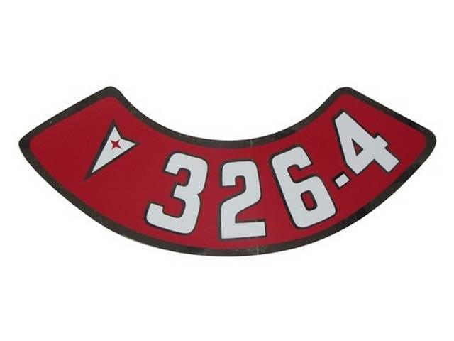 DECAL, Air Cleaner, Aftermarket, rounded red background, *326-4* in white w/ Pontiac *Arrowhead*, repro