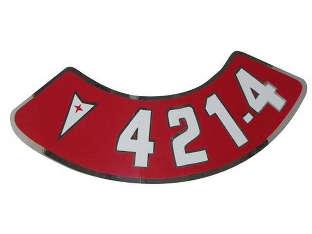 DECAL, Air Cleaner, Aftermarket, rounded red background, *421-4* in white w/ Pontiac *Arrowhead*, repro